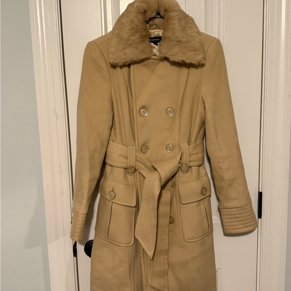 bebe Camel Trench Coat with Faux Fur Collar